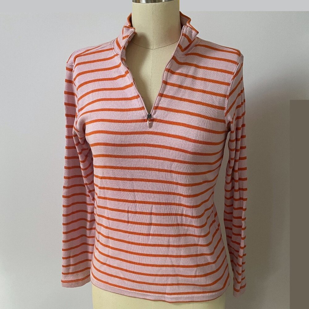 LL Bean 1/4 zip long sleeve top pink w/ orange stripes 100% cotton women's small